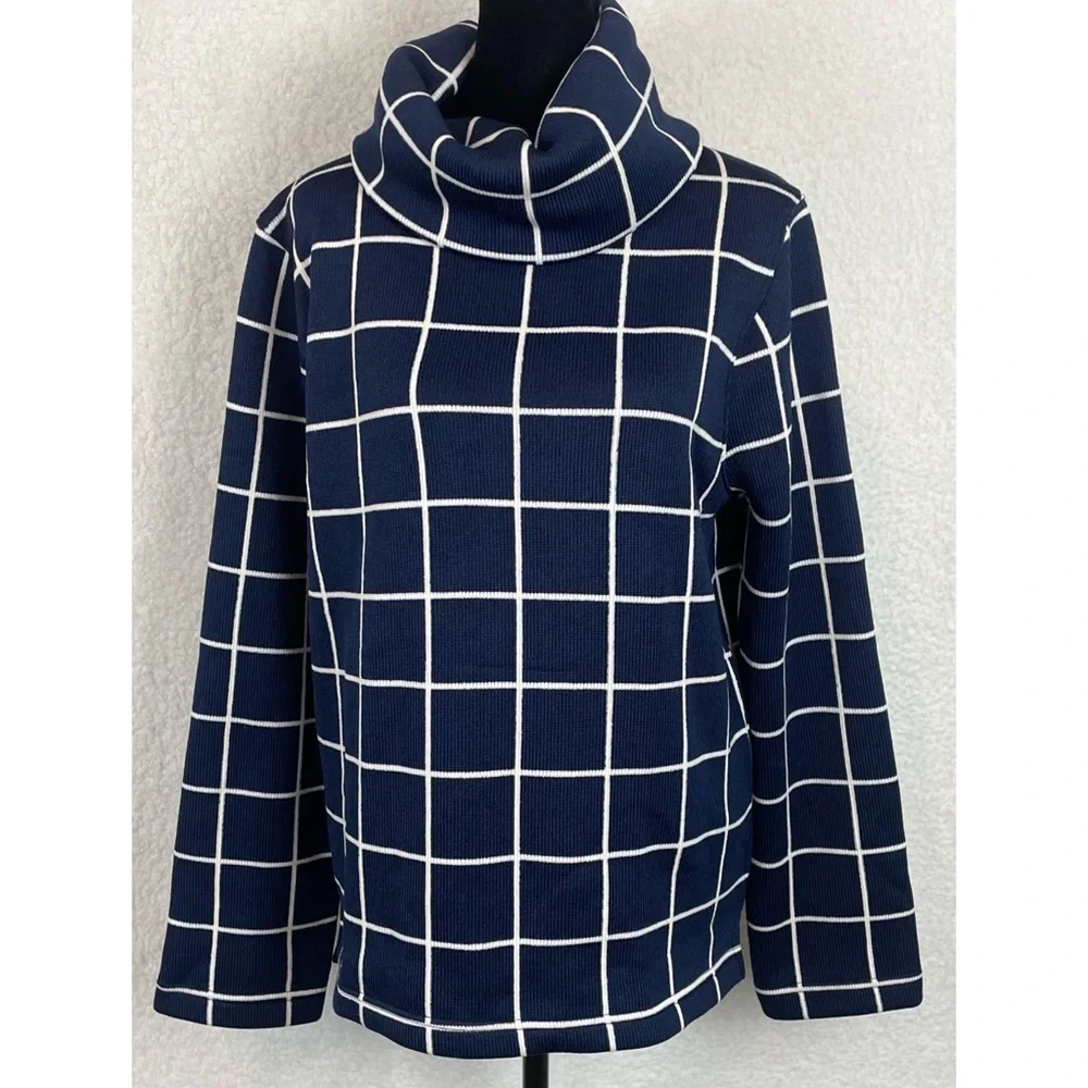 J. CREW • Blue/White Square Grid Windowpane Long Sleeve Turtleneck Sweater, L - Picture 14 of 15